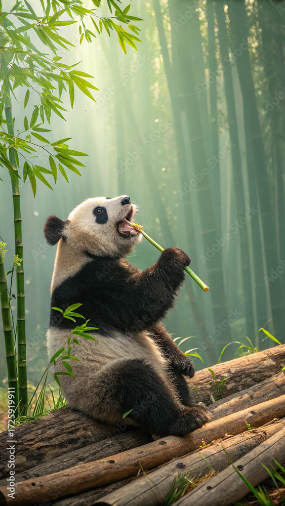 Obraz premium Panda eating bamboo on logs bear