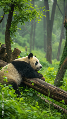 Panda resting on fallen log bear forest