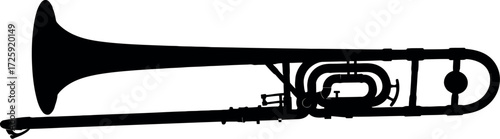 Sleek black silhouette of a trombone against a clean white background, perfect for music and performance themes.