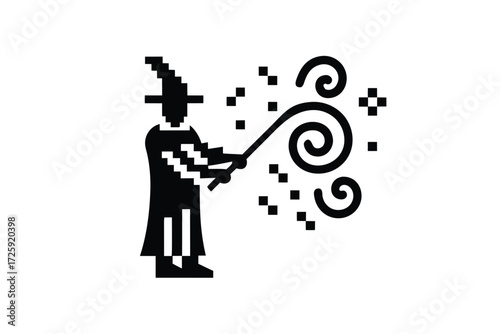 Silhouette of a wizard casting magic with wand, creating stars with magic on isolated background