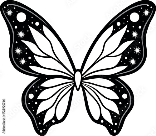 butterfly wings decorated with galaxy patterns line art illustration on transparent background