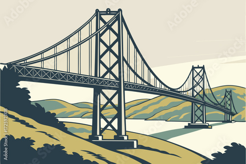 Carquinez Bridge in California, twin suspension spans over the Carquinez Strait surrounded by rolling hills
