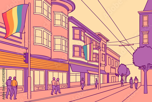 Castro Street in San Francisco, California, vibrant LGBTQ+ district with rainbow flags and neon signs