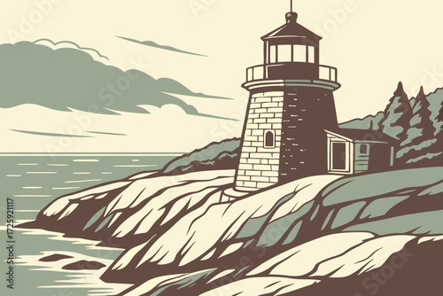 Castle Hill Lighthouse in Newport, Rhode Island, small granite lighthouse set against rocky coastal cliffs