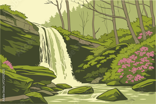 Cascade Falls in Pembroke, Virginia, 69-foot waterfall framed by mossy rocks and rhododendron forest