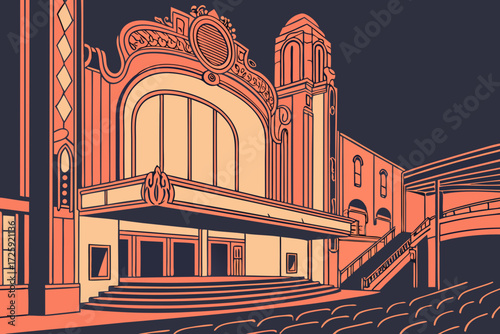 Castro Theatre in San Francisco, California, neon-lit art deco marquee with ornate interior