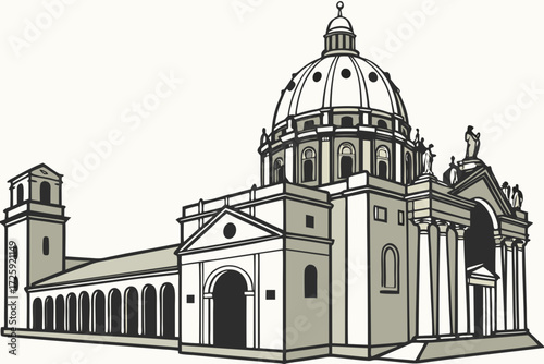 Cathedral Basilica of Saints Peter and Paul in Philadelphia, Pennsylvania, Renaissance-style dome with statues and arched entrance