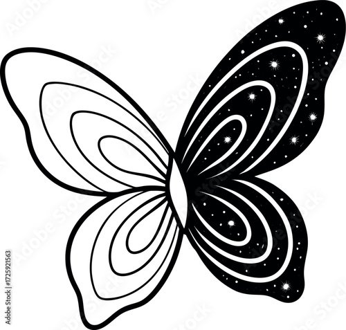 butterfly wings forming spiral galaxy line art illustration on transparent background