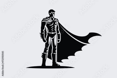Silhouette of a young superhero with a flowing cape standing poised and ready to act