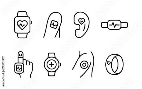 Set of black line icons representing different types of wearable health monitoring devices.