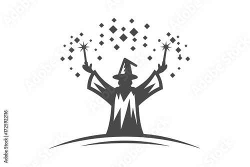 Silhouette of wizard casting spells with magic wand on a white background