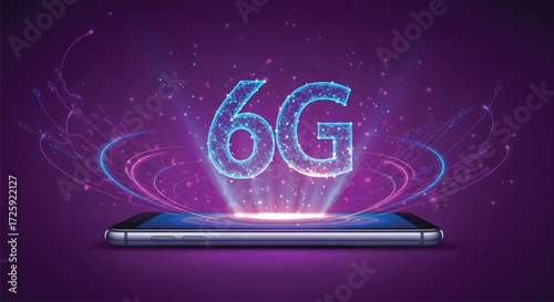 Futuristic 6G Mobile Technology Concept. A vibrant, purple background showcases the concept of 6G mobile technology.