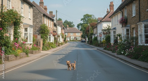 Charming Village Street with a Curious Dog in the Cotswolds England