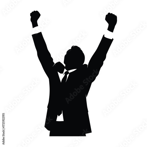 Celebrating success a triumphant businessman with arms raised a dark silhouette