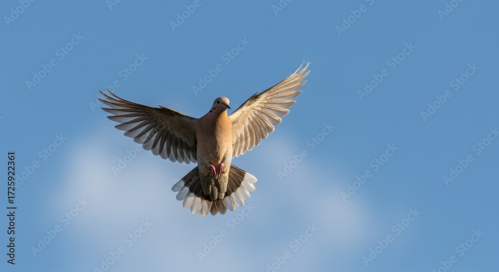 Obraz premium Dove in flight soars against a clear blue sky with outstretched wings