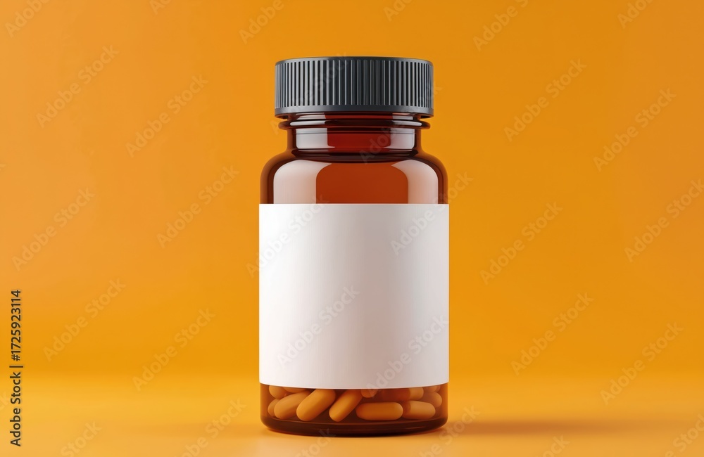 Obraz premium Amber glass pill bottle mockup with blank white label and black cap. Contains orange capsules. Ideal for showcasing medication, vitamins, supplements, or medical branding. Front view.