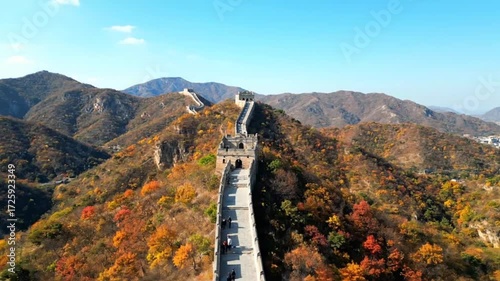 Aerial view of the great wall of china winding through mountains with autumn foliage, capturing the historical landmark and scenic beauty under a clear blue sky