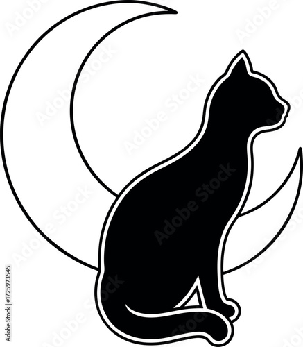 Cat Silhouette Merging with Crescent Moon Illustration on Transparent Background