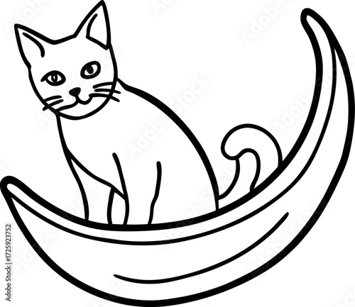 Cat Sitting Inside Crescent Boat Illustration on Transparent Background