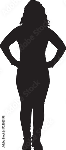 vector,silhouette of a front view of a woman standing looking at camera and arms akimbo