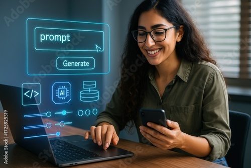 Creative ai prompt generation by a smiling woman using laptop and smartphone in a modern office setting