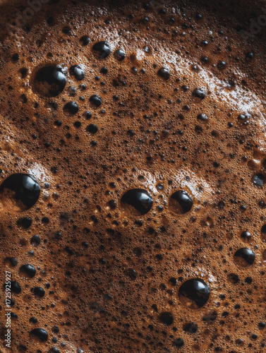 Dark and rich coffee brewing with thick foam bubbles on the surface in a cozy kitchen atmosphere during morning hours