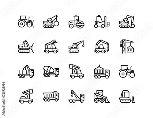 Heavy Equipment Vector Icon Set | Adjustable Line Weight | Excavator, bulldozer, crane, roller, forklift, loader, tractor, mixer truck, dump truck, lifter, digger, machine