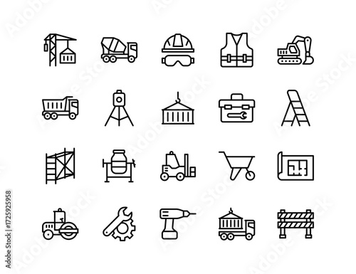 Construction Vector Icon Set | Adjustable Line Weight | Crane, truck, helmet, blueprint, safety vest, excavator, wheelbarrow, cement mixer, drill, forklift, tools, site, worker