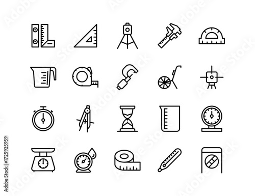 Measuring Vector Icon Set | Adjustable Line Weight | Ruler, scale, stopwatch, caliper, thermometer, gauge, level, micrometer, measuring cup, tape, compass, protractor, timer