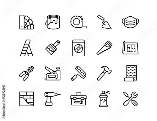 Home Renovation Vector Icon Set | Adjustable Line Weight | Paint, tools, ladder, drill, hammer, tape measure, blueprint, brush, toolbox, saw, pliers, safety mask