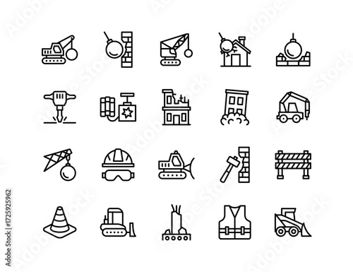 Demolition Vector Icon Set | Adjustable Line Weight | Wrecking ball, dynamite, jackhammer, crumbling building, drill, debris, blasting, hammer, barrier, vest, helmet, loader