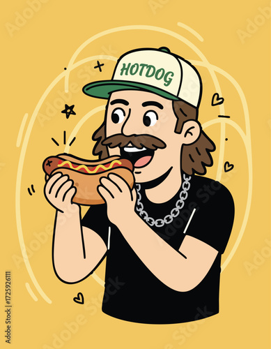 Cartoon man in cap eating a hotdog
