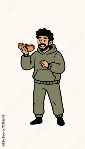 Cartoon man in sweats eating a hotdog shown on a cream background