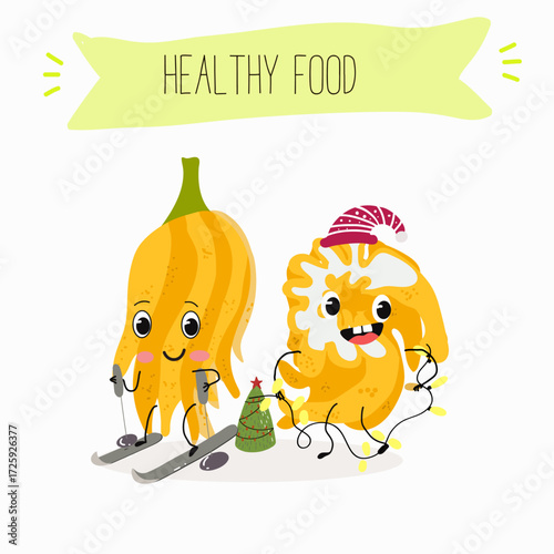 Buddha's hand fruit funny characters, hand drawn vector illustration.