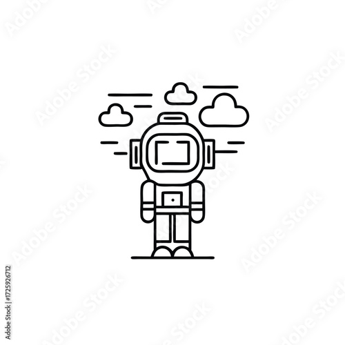 Simple outline of an astronaut standing with clouds floating around him gives a spacewalk feel