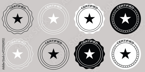Collection of monochrome certified stamp vector icons.