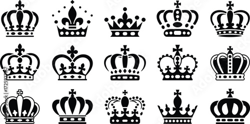 Black crown icons, royal silhouette, monarchy symbols, regal design, vector illustration, heraldic elements, authority emblem, classic style, noble motif, luxury theme