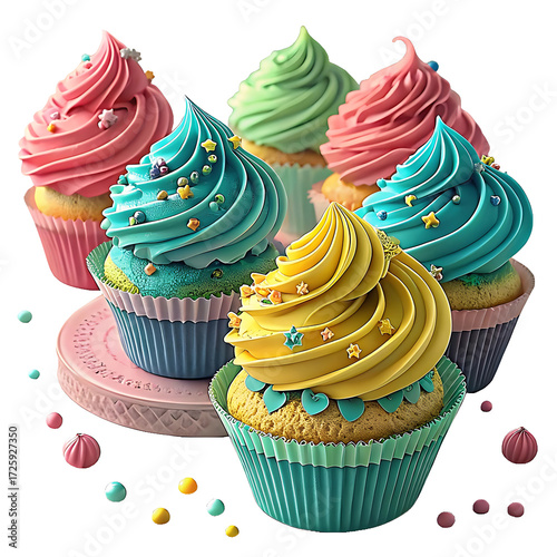 Delightful Array of Cupcakes with Swirled Frosting A Tempting Sweet Treat Display in Pastel Colors and Playful Sprinkles