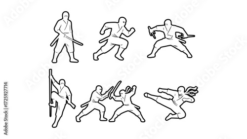 A ninja in action, practicing martial arts poses. Coloring book vector sheet