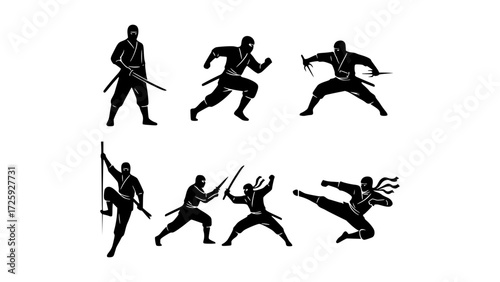 A collection of stylized silhouettes showcasing the agile and stealthy movements of ninjas in action
