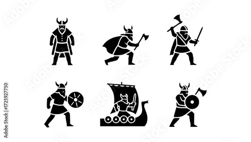 A collection of stylized viking icons in black and white, perfect for conveying strength and history