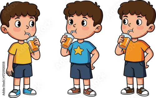 Cartoon boys drinking orange juice with straw, cute children characters in casual clothes, happy kids enjoying refreshing summer drink illustration setCartoon boys drinking orange juice with straw, 