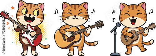 Cartoon cats playing musical instruments in fun concert scene with guitars, microphone, music notes, colorful background, joyful performance vectorCartoon cats playing musical instruments in 
