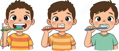 Cartoon kids brushing teeth with colorful toothbrushes, dental hygiene illustration for children, healthy habits, oral care, vector stock artCartoon kids brushing teeth with colorful toothbrushes, 