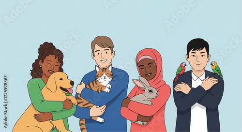 World animal day  diverse pet owners with dog cat rabbit and parrots vector illustration for animal lovers and pet adoption vector