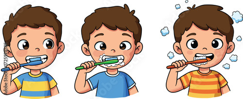 Cartoon kids brushing teeth with toothpaste foam, healthy dental hygiene education for children, oral care routine vector illustration isolated on whiteCartoon kids brushing teeth with toothpaste foam