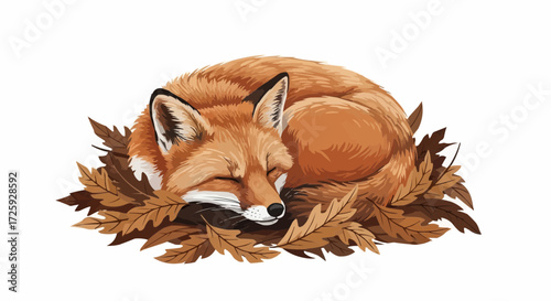 World animal day  sleeping fox illustration curled up in autumn leaves wildlife animal drawing digital art vector graphic vector