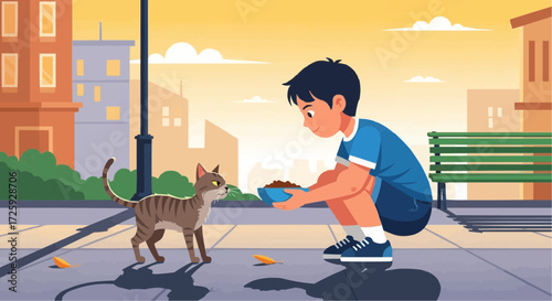 World animal day  illustration of boy feeding cat in city park, caring for animals, kindness, pet adoption, outdoor scene, vector art vector