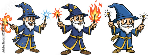 Cartoon wizards in blue robes casting colorful magical spells with wands, wearing star hats and smiling in fantasy character illustrationCartoon wizards in blue robes casting 
