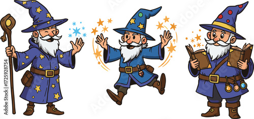 Cartoon wizards in blue robes casting magical spells with staffs, books, and potions in fantasy vector illustration with spark effectsCartoon wizards in blue robes casting magical 